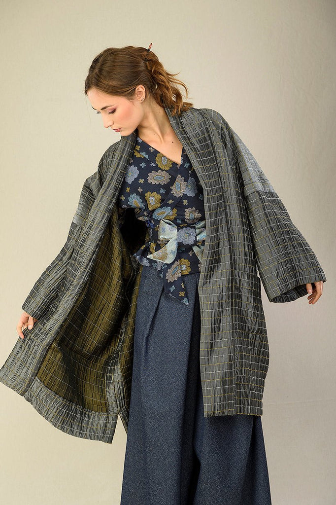 Manteau Kimono réversible SHOJI gris/vert bronze - CATHERINE VALENTIN