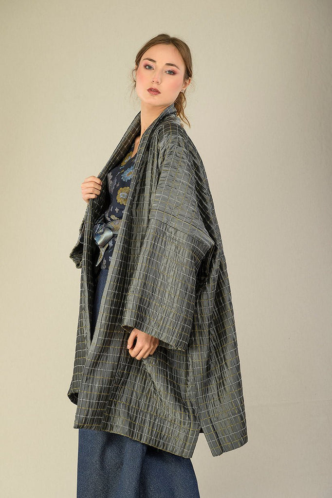 Manteau Kimono réversible SHOJI gris/vert bronze - CATHERINE VALENTIN