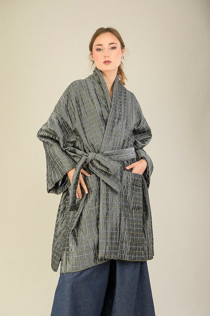 Manteau Kimono réversible SHOJI gris/vert bronze - CATHERINE VALENTIN