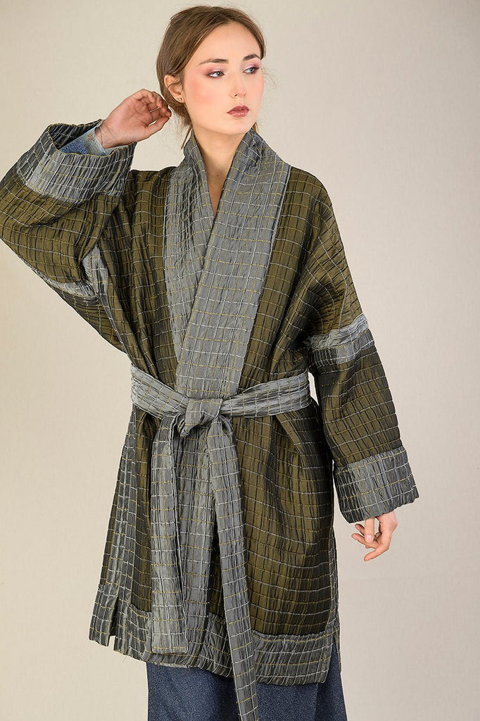 Manteau Kimono réversible SHOJI gris/vert bronze - CATHERINE VALENTIN