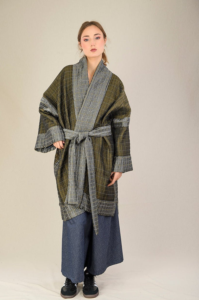 Manteau Kimono réversible SHOJI gris/vert bronze - CATHERINE VALENTIN