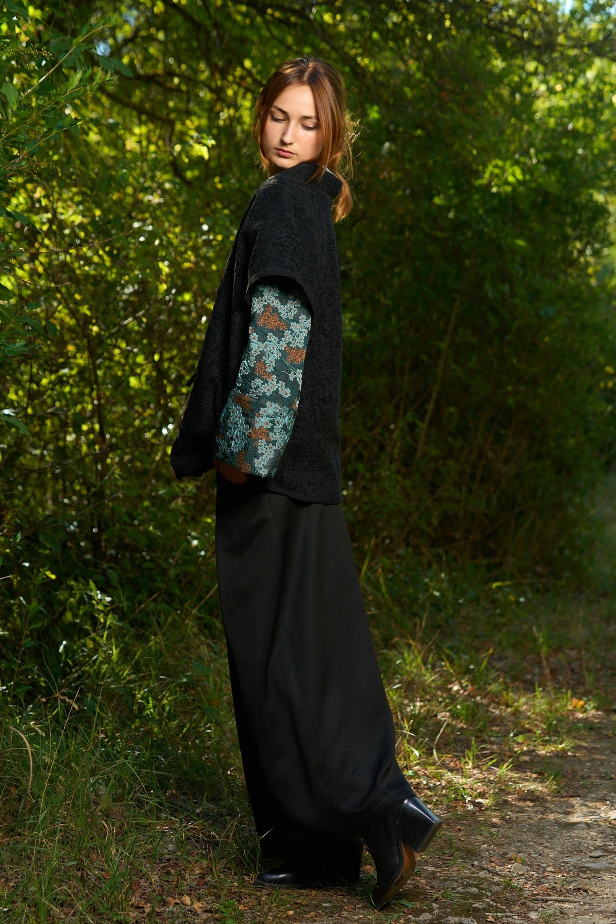 Pantalon hakama KURO noir satiné chevron - CATHERINE VALENTIN